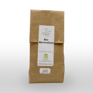 Eine braune Papiertüte mit der Aufschrift "Bio-Mariendistelsamen" von der Ölmühle Berghen enthält 250 g Bio-Milchdistelsamen mit deutschen Produktangaben auf dem Etikett.