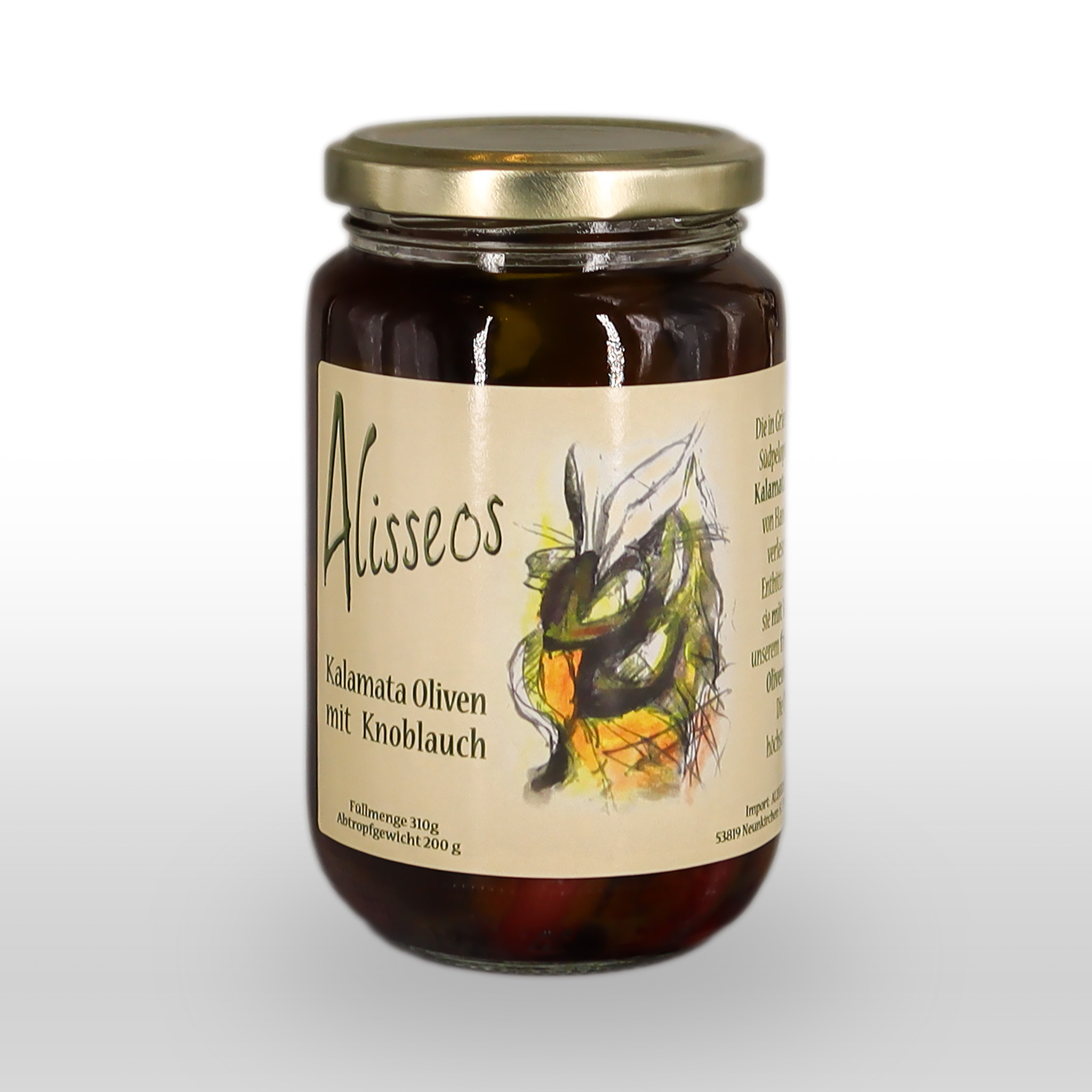 Glasgefäß mit Alisseos Kalamata-Oliven mit Knoblauch, mit goldenem Deckel und einem Etikett mit Olivenmotiven und deutschem Text.