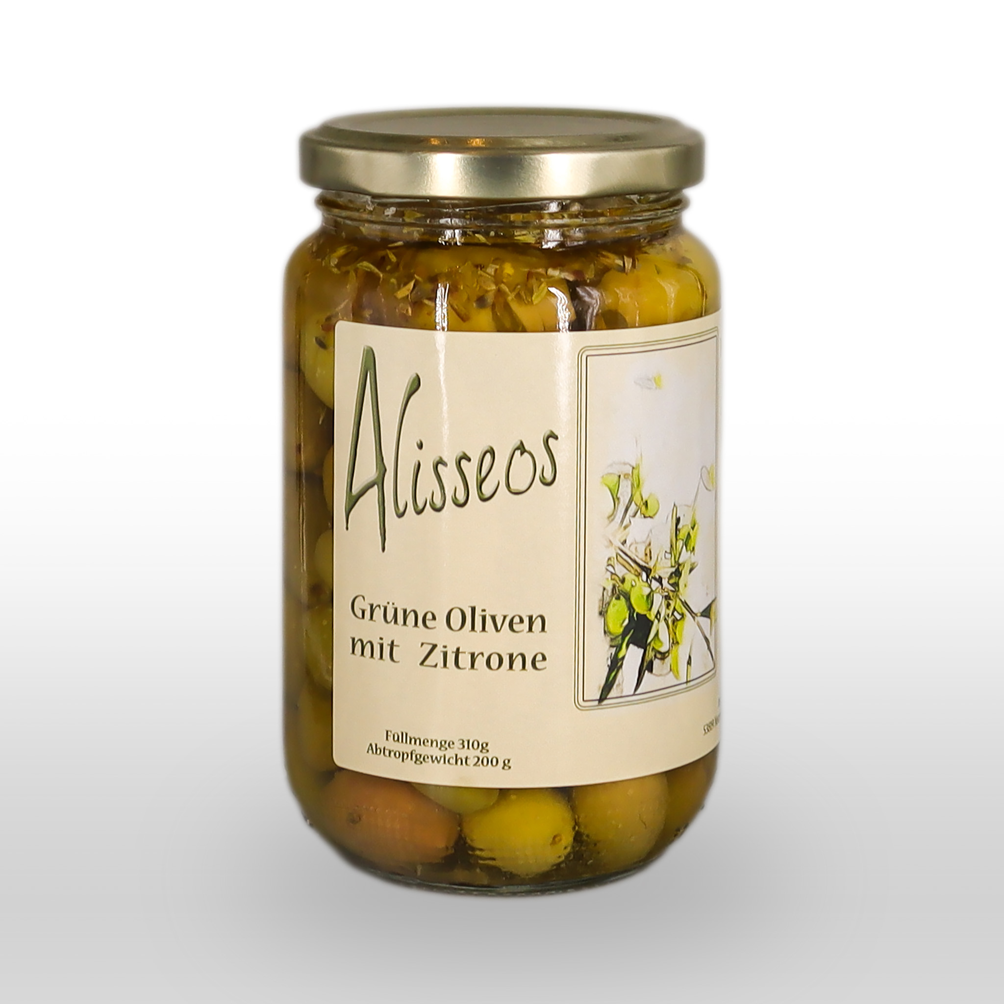 Ein Glas mit der Aufschrift "Grüne Oliven mit Zitrone" enthält grüne Oliven mit Zitrone. Das deutsche Etikett zeigt ein Bild von Oliven und Zitronenscheiben.