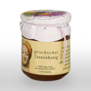Ein Glas mit "griechischem Tannenhonig" mit einem Papierdeckel und einem Etikett mit der Abbildung einer Statue und Angaben zum Produkt.